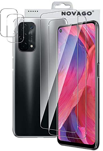 NOVAGO Compatible avec Oppo A74 5G,A54 5G- Pack de 4 Films en Verre trempé résistant Anti Choc et Anti Explosion (Deux pour écran et Deux pour Objectif)