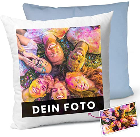 Manevito Personalisiertes Kissen mit Foto & Text 40 x 40cm - Kissen mit Foto selbst gestalten - Fotokissen mit Druck und Wunschtext weiß-blau