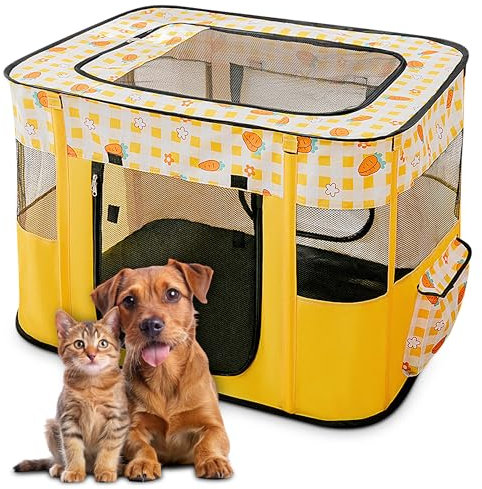 ALLSOPETS Recinto per Cani da Interno Pieghevole, Anche per Esterno, Box Traspirante Portatile per Gatti Conigli Cuccioli con Borsa da Trasporto, per Viaggi e Campeggio (Carote Gialle, L)