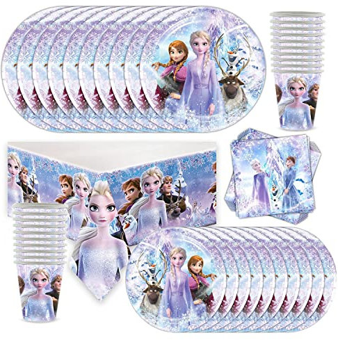 Shamoparty Vaisselle de fête ELSA 61Pièces, 20 Personnes Fête Reine des Neiges, Assiettes, Tasses, serviettes, Nappe, pour Décoration de Vaisselle de Fête D'anniversaire D'enfants