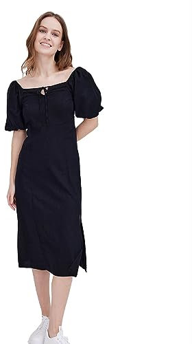 Women's Puff Sleeve Split Midi Dress Square Neck Lace-up Smocked Long Dresses Casual Beach Party, Black, Large Petite