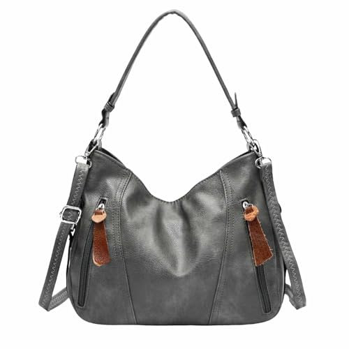 ITALYSHOP24 OBC Damen Tasche Shopper Hobo-Bag Schultertasche Leder Optik Umhängetasche Handtasche Crossover Reisetasche Beuteltasche Handtasche Grau