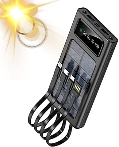 POWER BANK CARICABATTERIA PORTATILE 10000MAH CON PANNELLO SOLARE E CAVI INTEGRATI, CARICA BATTERIA 4 IN 1 RICARICA SOLARE USB-C USB-A e MICROUSB - DISCORAMA®