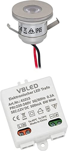 VBLED® 1er Set 1W Mini-Einbauspot, Mini Spot IP65 Warmweiss leuchtet vorne & seitlich Inkl. LED Trafo 12V DC