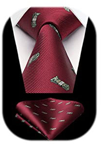 HISDERN Krawatte Weinrot Herren Krawatten Geld Muster mit Einstecktuch Krawatte Hochzeit und Taschentuch Set