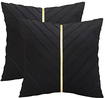 Tosleo Black Velvet Throw Pillow Covers 22x22 inch Pack of 2 with Gold Leather Decorative Couch Pillow Cover Luxury Modern Pillowcases for Wedding Living Room Bedroom Sofa Cushion Bed 55x55CM