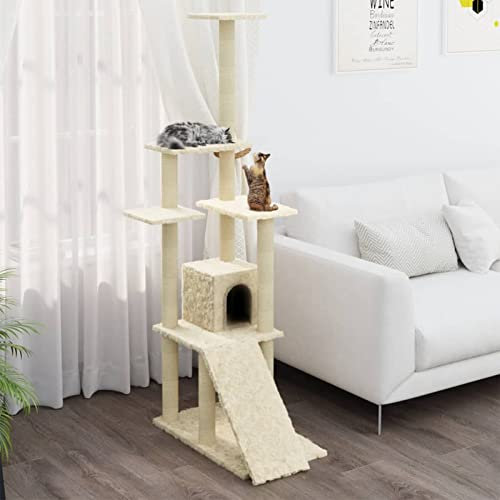 Kratzbaum mit Sisal-Kratzsäule, XIAOGUANG Katzenkratzbaum, Kletterwand, Kratzbäume Für Katzen, Kratzstamm, Kratzbaum Deckenspanner,n Creme 155 cm