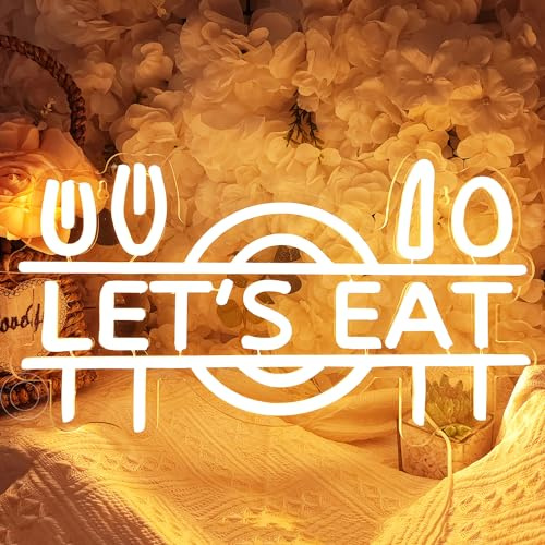 SYLHOME Let's Eat Led Neon Light Sign Restaurant Kitchen Dining Wall Decor | Fork Knife Spoon Plate Food Luncheonette Hotel Canteen Cooking Dining Room Bistro Party Wall Sign Decor, USB 5V, 15.8X8.5