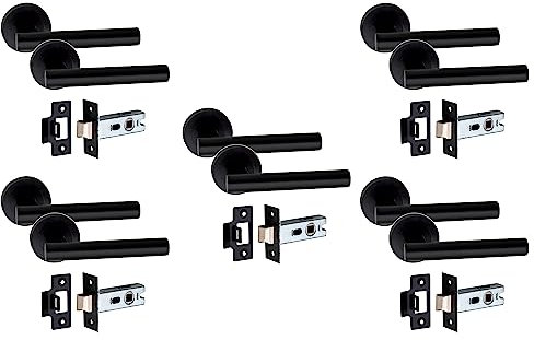 Golden Grace Straight T-Bar Design Door Handles on Round Rose with 2.5 Tubular Latch in Matt Black Finish, 5 Pairs - 52mm Diameter
