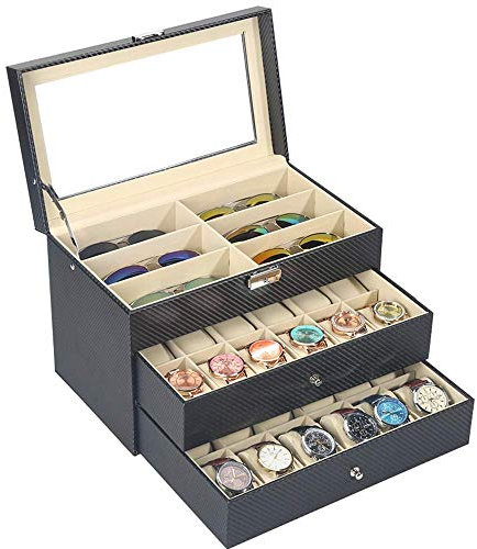 BONOOL Schmuck-Uhrenbox, 3-lagig, Leder-Aufbewahrungsvitrine, Organizer mit Metallverschluss und oberem Glas für Uhren, Geschenk, Geschenk der Liebe (24)