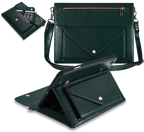 Dteck for iPad Air 3rd Generation/iPad Pro 10.5 Folio Case 2019/2017 with Shoulder Strap, Built-in Pencil Holder/Pockets/Card Cash Slots, Button Closure, PU Leather Shell Fold Stand Cover, 04 Green
