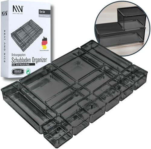 12 teilig schwarz + transparent Schubladen Organizer inkl. Antirutsch-Pads in 4 versch. Größen | Schubladen Ordnungssystem für Büro Bad Küche | Make Up Organizer für Schminktisch
