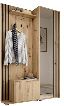 Garderobe mit Spiegel Flurgarderobe Garderobenschrank Kompaktgarderobe Dielenschrank Garderobe Set Regal Diele & Flur Kleiderschrank Schuhschrank 135x197x34 cm John, Artisan und Schwarz