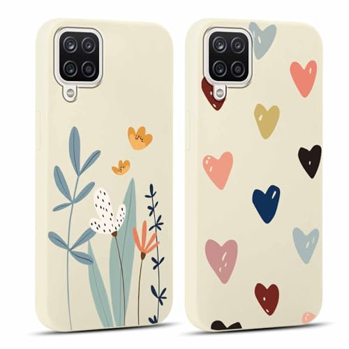 Yoedge 2 Stück Handyhülle für Samsung Galaxy A12 / A12 Nacho 4G Hülle, Liebesherz & Blumen Muster Design Mädchen Aesthetic Handyhülle Dünn Weich Silikon TPU Stoßfest Schutzhülle für Samsung A12 6,5