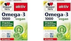 Doppelherz Omega-3 1000 vegan - Hochdosierte Omega-3-Fettsäuren EPA & DHA aus pflanzlichem Algenöl - 60 kleine & vegane Kapseln (Packung mit 2)