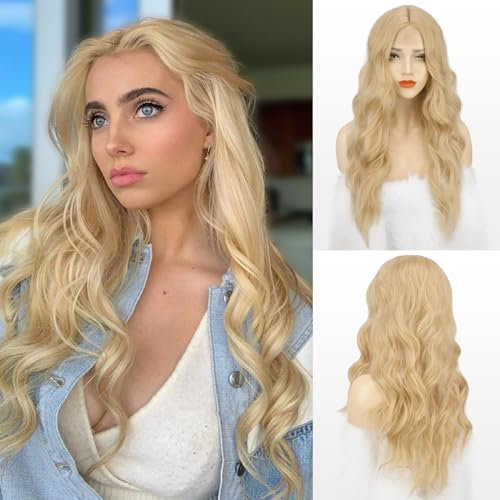 FESHFEN Lange Wellig Perücken Blond Perücken, Lace Front Perücke Blonde für Damen Frauen Synthetik Haar Wellen Lang Wig Natürliche Gewellte Perücken für Karneval, 65 cm