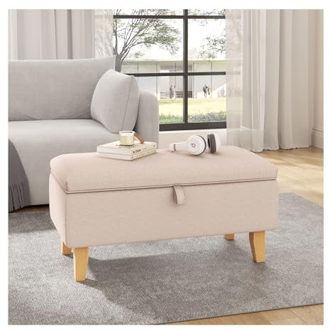 INMOZATA Linen Footstool with Storage Upholstered Ottoman Footstool Storage Stool Change Shoe Footrest with Wooden Legs for Living Room Bedroom (Beige)