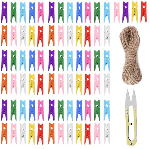 FINEASY 320 Stück Mini Bunt Holzklammern, Holzklammern Klein 2.5cm, Wäscheklammern Holz, Mini Holzklammern mit 10m Hanfseil und Schere, Kleine Klammern für Fotos Aufhängen Postkarten Collagen