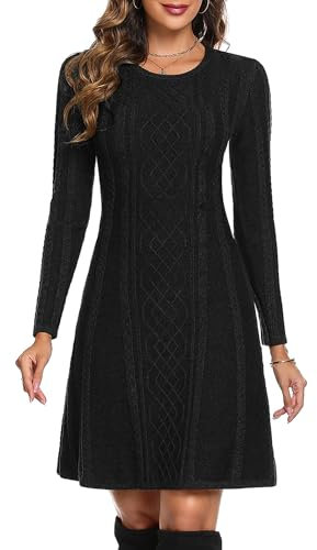 Aottori Black Jumper Dress for Women UK Long Sleeve Knitted Sweater Dress Ladies Crew Neck Bodycon Dress Casual Tunic Midi Dresses Black L
