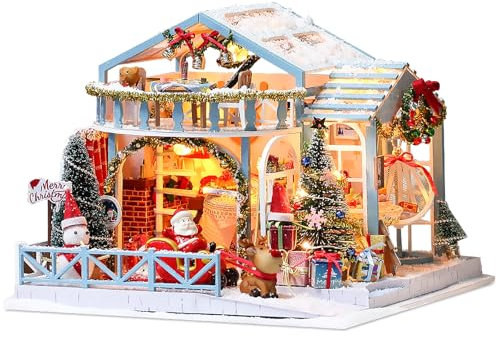 Mostop DIY Miniature Dollhouse Kit,Wooden Dollhouse Construction Kit, Miniature House Kit with LED Light,Creative Room Idea for Children/Adults,Handmade Crafts Gift,Home Decor (Christmas Snowy Night)