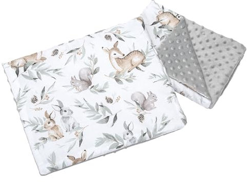 Medi Partners Babydecke Krabbeldecke mit Kissen 100% Baumwolle Minky Kinderdecke 55x75 + 35x30cm multifunktional für Kinderwagen Babyschale Wiege (Hirsch in Blättern mit grauem Minky)