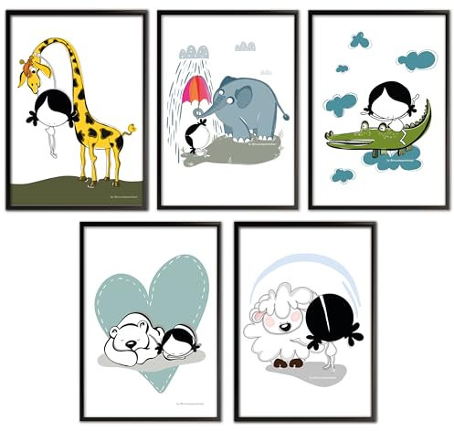 MUXOTE® - Lot de 5 feuilles décoratives pour enfants d'animaux - Tableau poster porte murale chambre, vitrine, boutique, réception, ludothèque, crèche - Sans cadres - Taille A4 (21 x 30)
