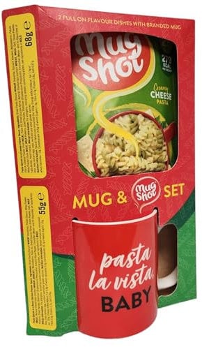 Mug Shots Creamy Cheese Pasta Mug & Snack Set, 'Pasta La Vista Baby' Ceramic Mug, 2 Full-On Flavour Packs, 219 Calories per Serving