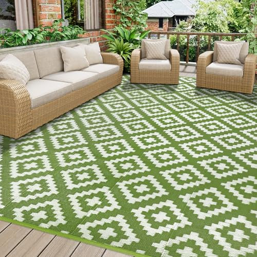 Homcomodar Outdoor Teppich für Patio Clearance 180x270cm UV-beständige Camping Matte Kunststoff Stroh Teppiche Patio Teppich Reversible Matten für BBQ Picknick Deck(Grün)