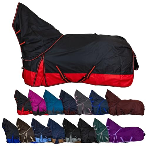 RL24 - Weidedecke Full Neck Basicline 600D Schwarz/Rot 155 cm | Polarfleecefutter – als Regendecke & Übergangsdecke – wasserdichte Outdoordecke mit Kreuzbegurtung – Pferdedecke