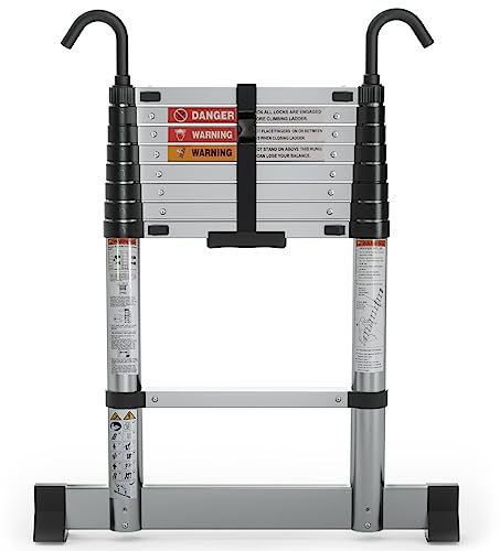 SINZUX Teleskopleiter 6,2m, Ausziehleiter Aluminium mit Haken, Stufe 40cm, geeignet für Hauswartung, Zugang zum Dachboden, saubere Fenster usw.