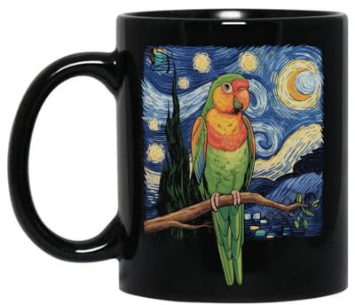 KRIXIAVIKA Rosy-faced Green Lovebird Parrot Starry Night Sky Van Gogh Coffee Mug, Ceramic Mugs 11oz - 15oz