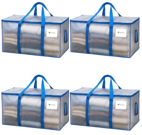 Pack of 4 Clear Heavy Duty Extra Large Moving Bags with Zipper & Handles – Reusable Foldable Storage Bags for Clothes, Laundry, Camping Gear, Toy & Blanket Storage – Waterproof Space Saving Organiser