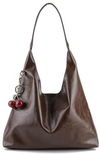 GSenhui Hobo Bag Damen Tote Bag Weiche Kunstleder Handtasche Groß mit Kirschanhänger Shoulder Bags Vintage Slouchy Bag Schultertasche Shopper Tasche Braun