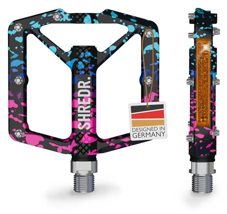 SHREDR. Shine Pedale für MTB | Hochwertige Flatpedals fürs Mountainbike | Mit Reflektoren (StVZO konform) | Special Edition - Jedes Pedal ist EIN Unikat (pink/türkis, M)