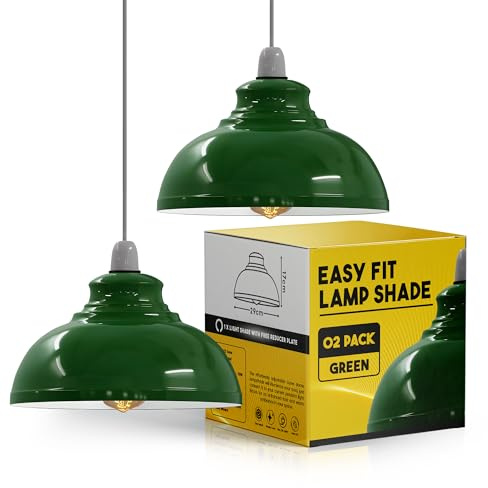 2 Pack Green Metal Lamp Shades for Ceiling Light, 11.41'' Modern E27 Easy Fit Light Shades, Industrial Pendant Lamp Shade, Vintage Hanging Lampshade for Kitchen Bedroom Living Room Decor