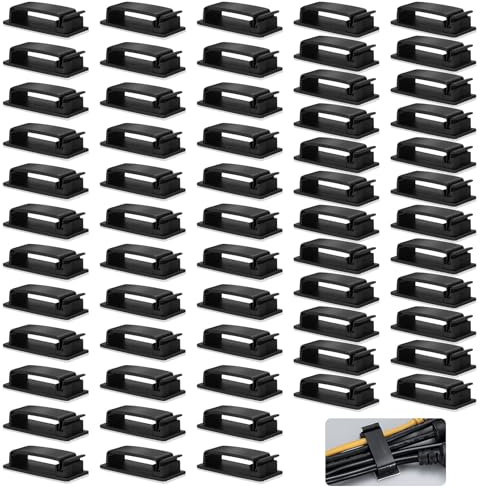 60 clip per cavi autoadesive, per ufficio, PC, scrivania, nero