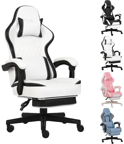Opiesit Gaming Chair, Computer Office Chair with Footrest, Linkage Armrests and Lumbar Support, High Back Ergonomic Gamer Chairs for Adults, White
