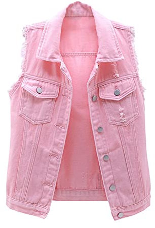 TDEOK Damen Jeansweste Oversize Motorrad Weste Jeans Freizeitweste Sommer Denim Westen Mit Taschen Arbeitsweste Einfarbig Bikerweste Revers Jeansweste Locker Anglerweste Denim-Jacket