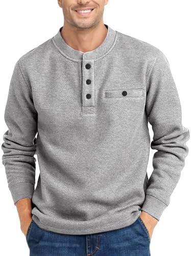 Elainone Henley Long Sleeve T Shirt Mens Waffle Fashion Casual Henley Long Sleeve Men Three Button Pullover Tops with Pocket