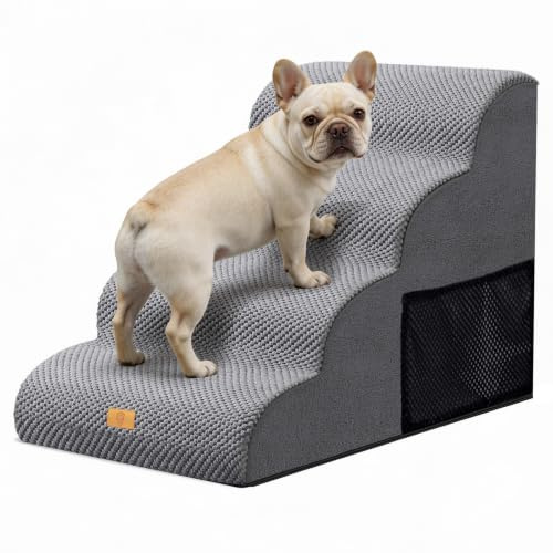 Thihome Hundetreppe für Kleine Hunde, 4 Stufen Hunde Treppe mit Abnehmbarem, Hunderampe mit Waschbarem Bezug und Rutschfestem, Haustiertreppe für Bett und Sofa aus Hochdichtem Schwamm