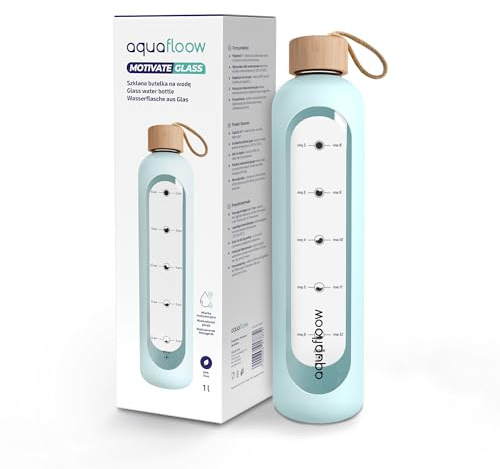 Aquafloow Botella de agua 1L de vidrio sin BPA, Botella con Marcas de Tiempo, tapa de bambú hermética, funda de silicona vdeporte, oficina, gimnasio universidad y viaje- Azul claro