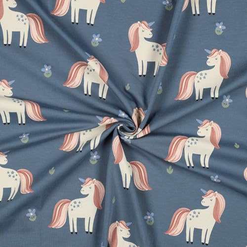 Baumwolljersey GLITTER UNICORNS – in Weiß, Grape & Blue – Glitzer Einhorn Stoff – elastischer Jersey – Meterware ab 50 cm – für Kleidung, Kinder, DIY & Nähen (blue)