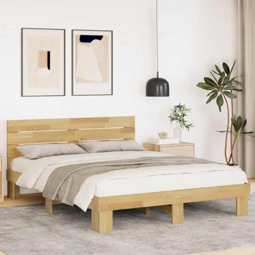 GeenYuu Massivholzbett Eiche 160x200 cm, Robustes Bettgestell mit Kopfteil, Lattenrost, Stauraumfunktion, langlebige Schlafzimmermöbel für erholsamen Schlaf