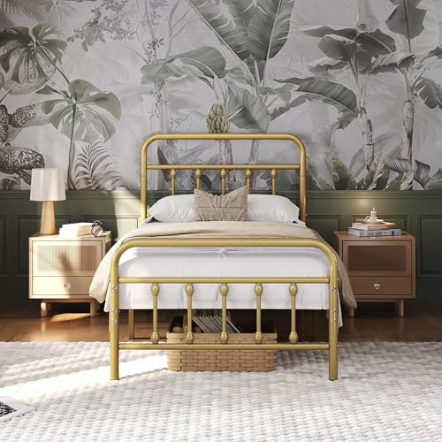 Yaheetech 3ft Single Vintage Iron Metal Bed Frame Platform Antique Gold | High Headboard & Footboard, Underbed Storage, Sturdy Frame, Easy Assembly, Suitable for Bedroom Dorm Guest Room