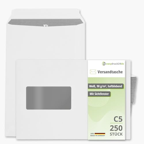 easydruck24de Versandtasche C5 mit Fenster weiß 250 Stk. - az262 | Versandtasche mit Fenster 22,9 x 32,4 cm, selbstklebender Verschluss, grauer Innendruck für Sichtschutz