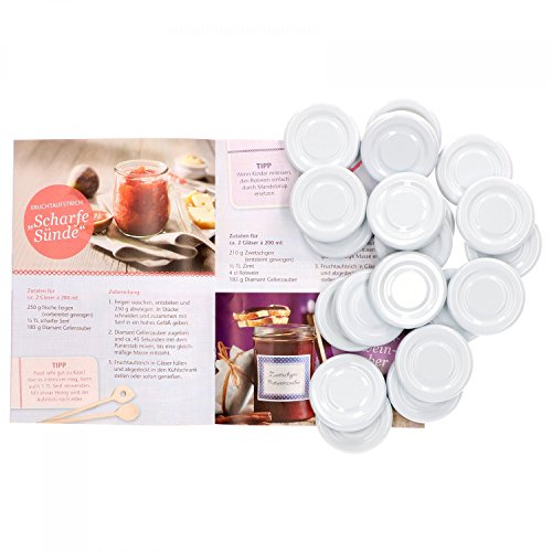 MamboCat 20er Set Deckel to 43, passend für 37 ml / 53 ml Gläser, weiß lackiert, Schraubdeckel für Sturzgläser, mit Gummidichtung incl. GRATIS Diamant-Zucker Rezeptheft