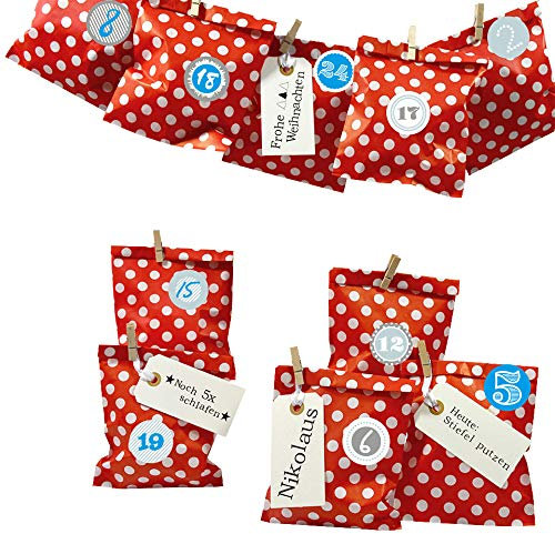 Frau WUNDERVoll® DIY Adventskalender zum Befüllen Bescherung: Set Punkt 172, Papiertueten flach 13x16,5cm, rot Punkt, Ziffern blau