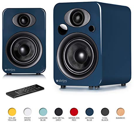 Steljes Audio NS3 Powered Loud Speakers Bookshelf Stereo System 45W RMS 60Hz to 20kHz British Design Connect RCA, 3.5mm Stereo, Optical, Bluetooth, with Built-in Subwoofer USB Charge (Artisan Blue)