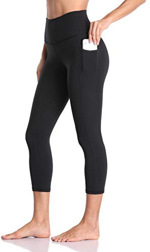 Colorfulkoala Capri Leggings Damen 3/4 mit Taschen Blickdicht Scrunch Bauchweg Yogahose Sportleggins, Schwarz, L, 44