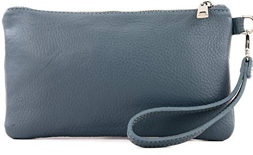 modamoda de T193 Damen Leder Clutch Handgelenktasche Kosmetiktasche Klein handmade in Italy, Farbe:Taubenblau